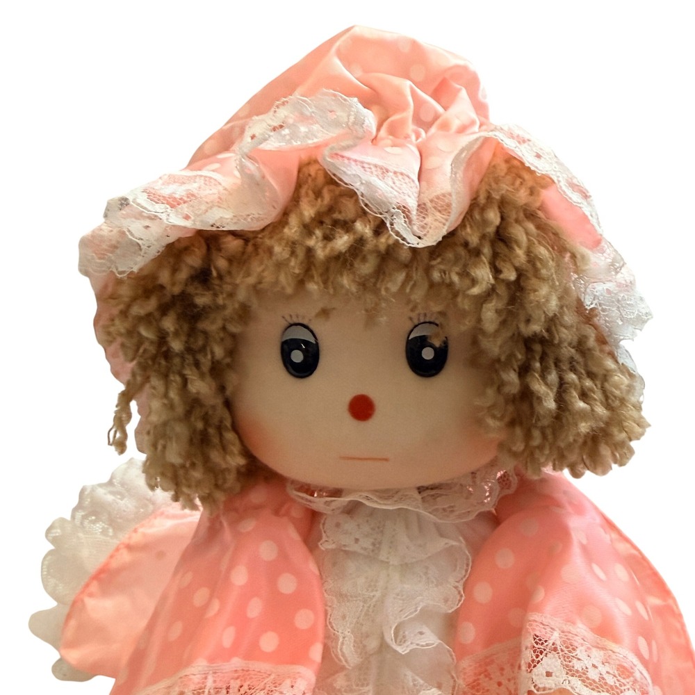 Vintage Poter 1986 Musical Doll Wind Up Moving Neck Pink Polka Dot Lace Toy Kids - Picture 2 of 8